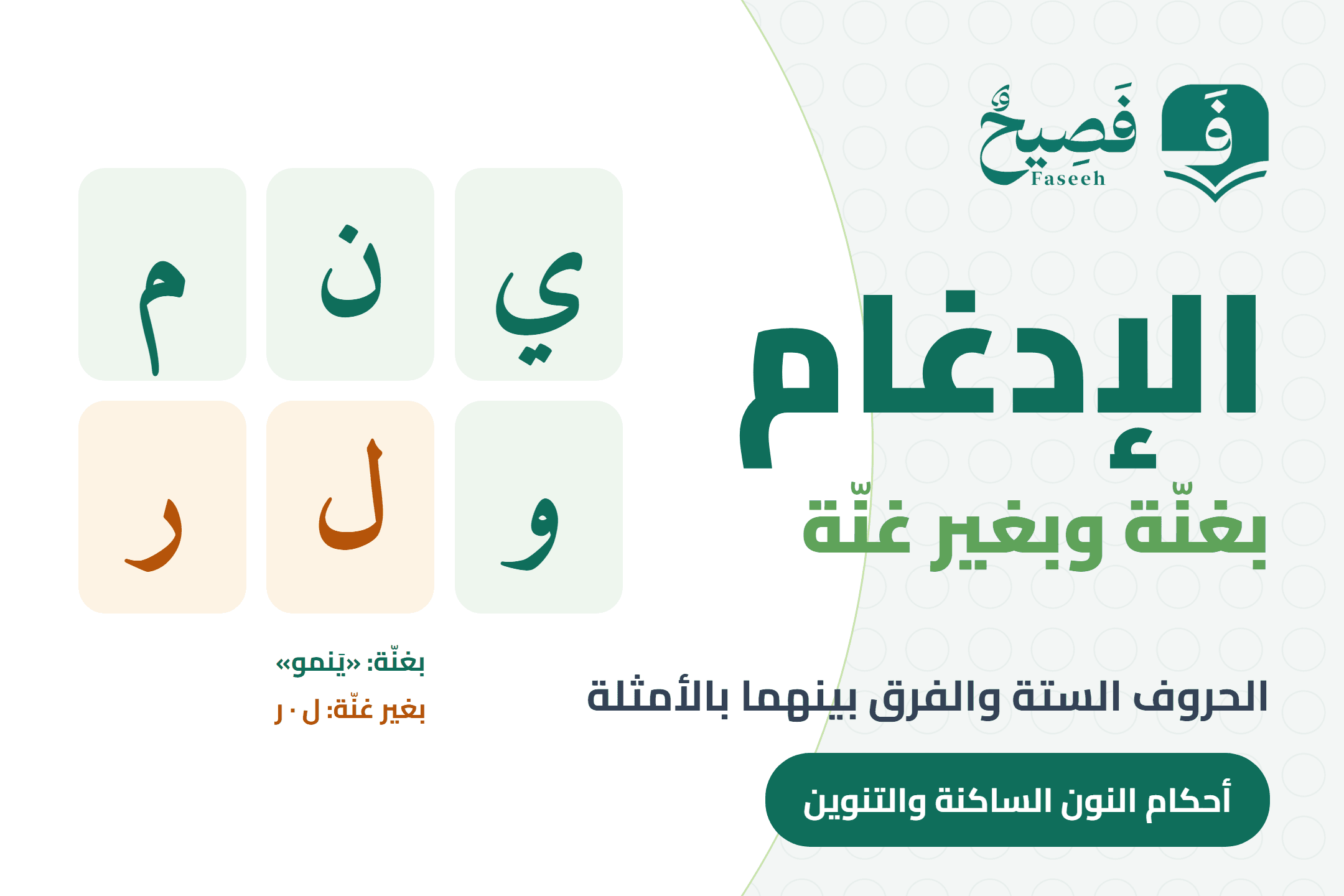 The six Idgham letters: with Ghunnah ي ن م و and without ل ر